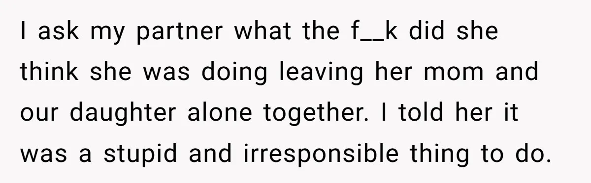 I ask my partner what the f__k did she think she was doing leaving her mom and our daughter alone together. I told her it was a stupid and irresponsible...