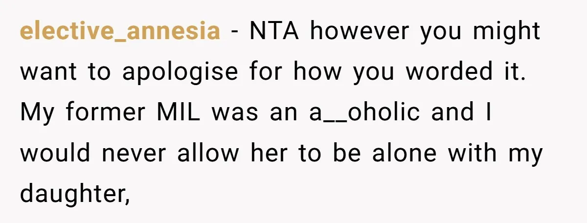elective_annesia - NTA however you might want to apologise for how you worded it. My former MIL was an a__oholic and I would never allow her to be alone with...