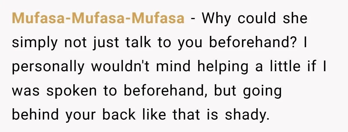 Mufasa-Mufasa-Mufasa − Why could she simply not just talk to you beforehand? I personally wouldn't mind helping a little if I was spoken to beforehand, but going behind your back...