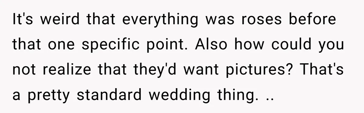 It's weird that everything was roses before that one specific point. Also how could you not realize that they'd want pictures? That's a pretty standard wedding thing. ..