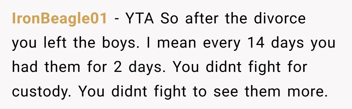 IronBeagle01 − YTA So after the divorce you left the boys. I mean every 14 days you had them for 2 days. You didnt fight for custody. You didnt fight...