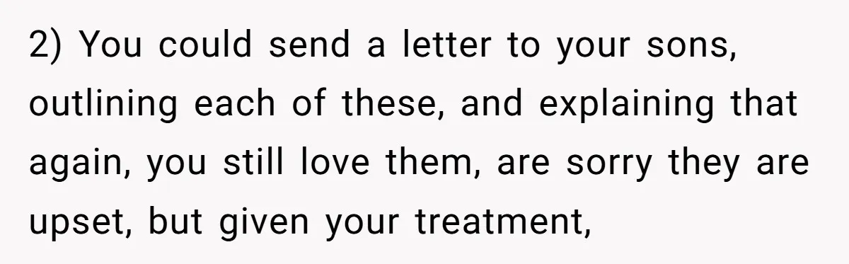 2) You could send a letter to your sons, outlining each of these, and explaining that again, you still love them, are sorry they are upset, but given your treatment,
