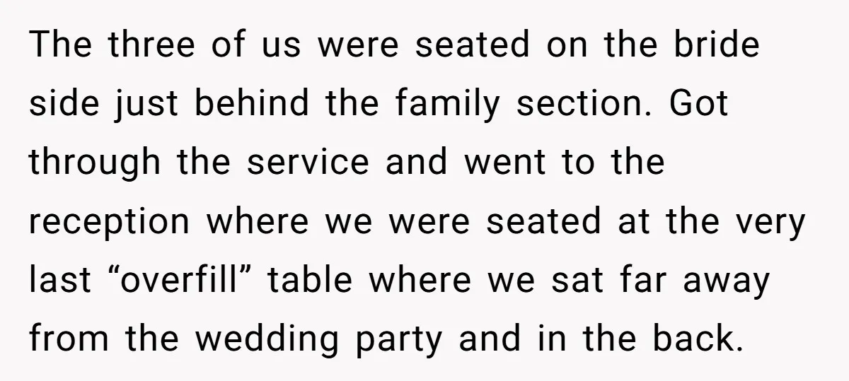 The three of us were seated on the bride side just behind the family section. Got through the service and went to the reception where we were seated at the...