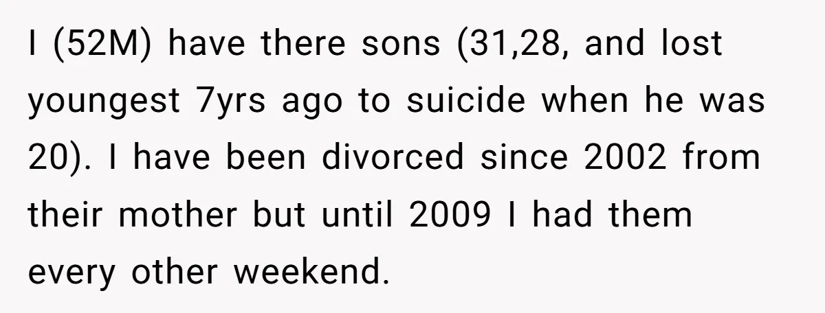 I (52M) have there sons (31,28, and lost youngest 7yrs ago to suicide when he was 20). I have been divorced since 2002 from their mother but until 2009 I...