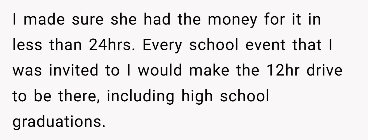 I made sure she had the money for it in less than 24hrs. Every school event that I was invited to I would make the 12hr drive to be there,...
