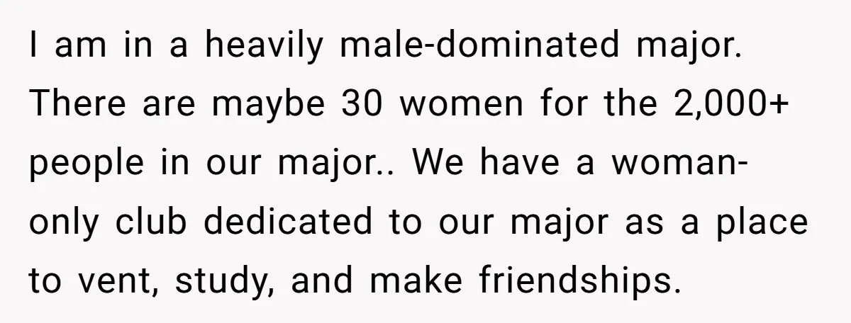 I am in a heavily male-dominated major. There are maybe 30 women for the 2,000+ people in our major.. We have a woman-only club dedicated to our major as a...