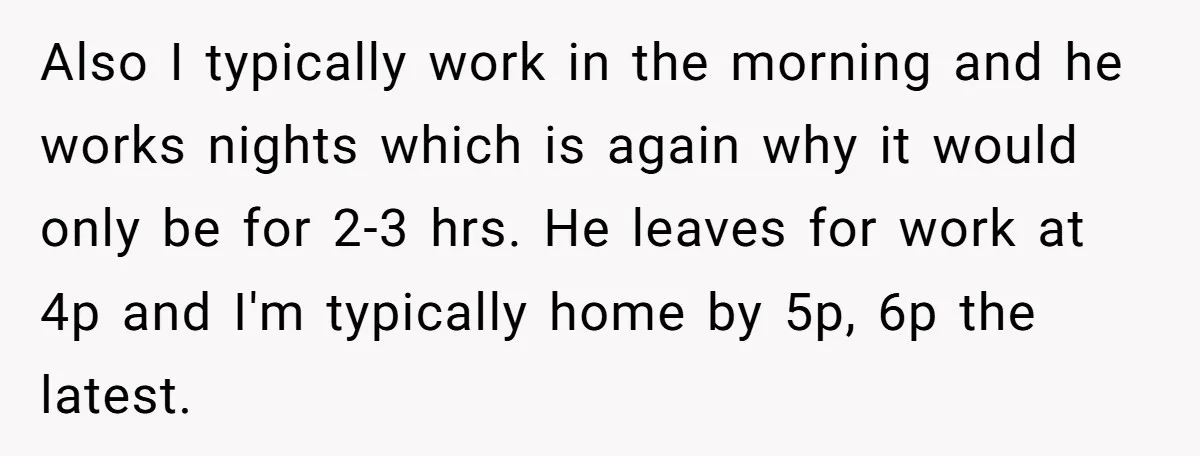 Also I typically work in the morning and he works nights which is again why it would only be for 2-3 hrs. He leaves for work at 4p and I'm...