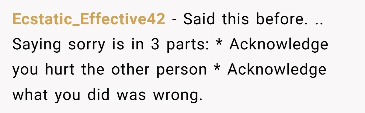 Ecstatic_Effective42 − Said this before. .. Saying sorry is in 3 parts: * Acknowledge you hurt the other person * Acknowledge what you did was wrong.