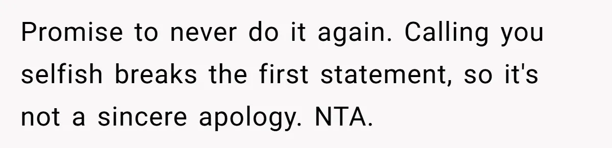 Promise to never do it again. Calling you selfish breaks the first statement, so it's not a sincere apology. NTA.