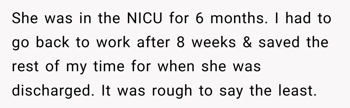 She was in the NICU for 6 months. I had to go back to work after 8 weeks & saved the rest of my time for when she was discharged....