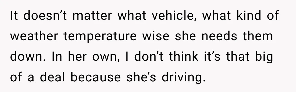 It doesn’t matter what vehicle, what kind of weather temperature wise she needs them down. In her own, I don’t think it’s that big of a deal because she’s driving.