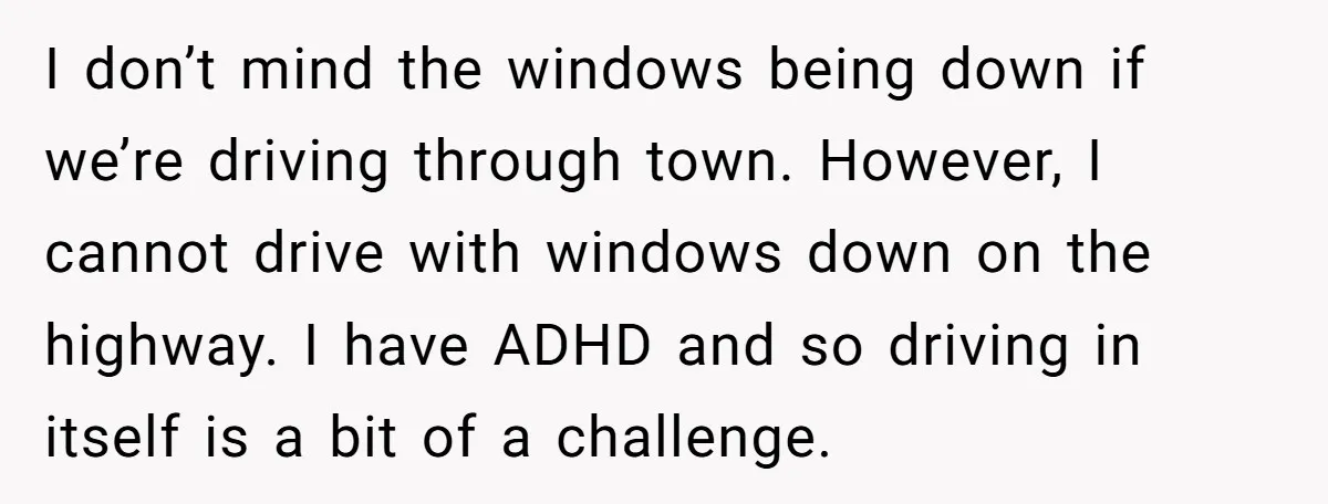 I don’t mind the windows being down if we’re driving through town. However, I cannot drive with windows down on the highway. I have ADHD and so driving in itself...