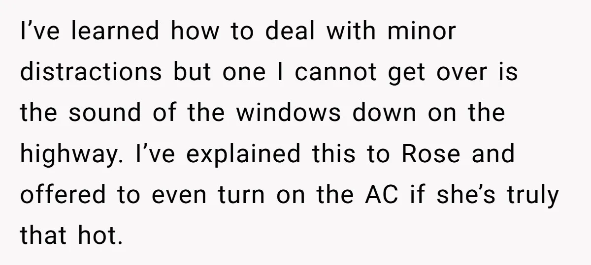 I’ve learned how to deal with minor distractions but one I cannot get over is the sound of the windows down on the highway. I’ve explained this to Rose and...
