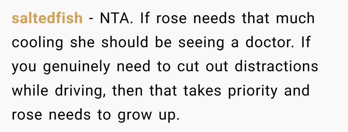 saltedfish − NTA. If rose needs that much cooling she should be seeing a doctor. If you genuinely need to cut out distractions while driving, then that takes priority and...