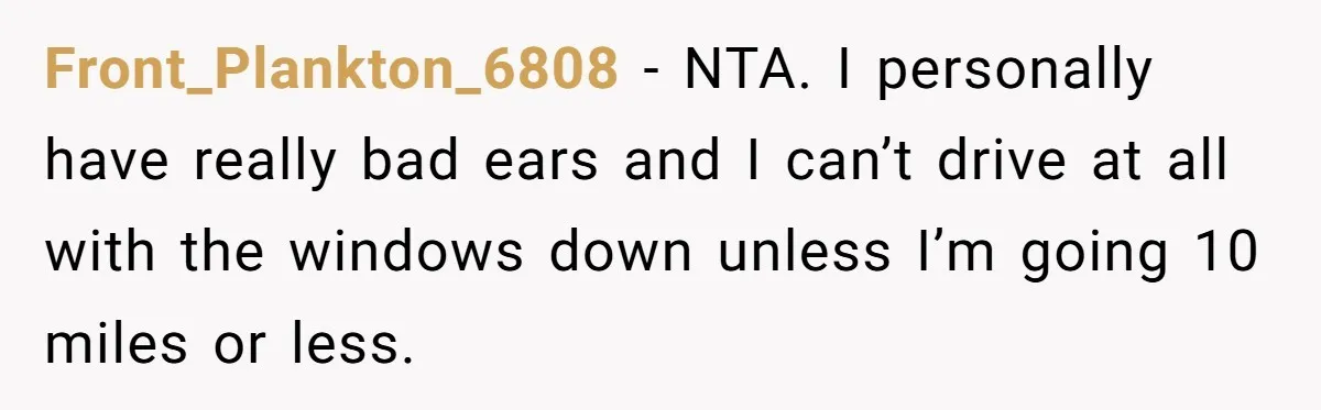 Front_Plankton_6808 − NTA. I personally have really bad ears and I can’t drive at all with the windows down unless I’m going 10 miles or less.