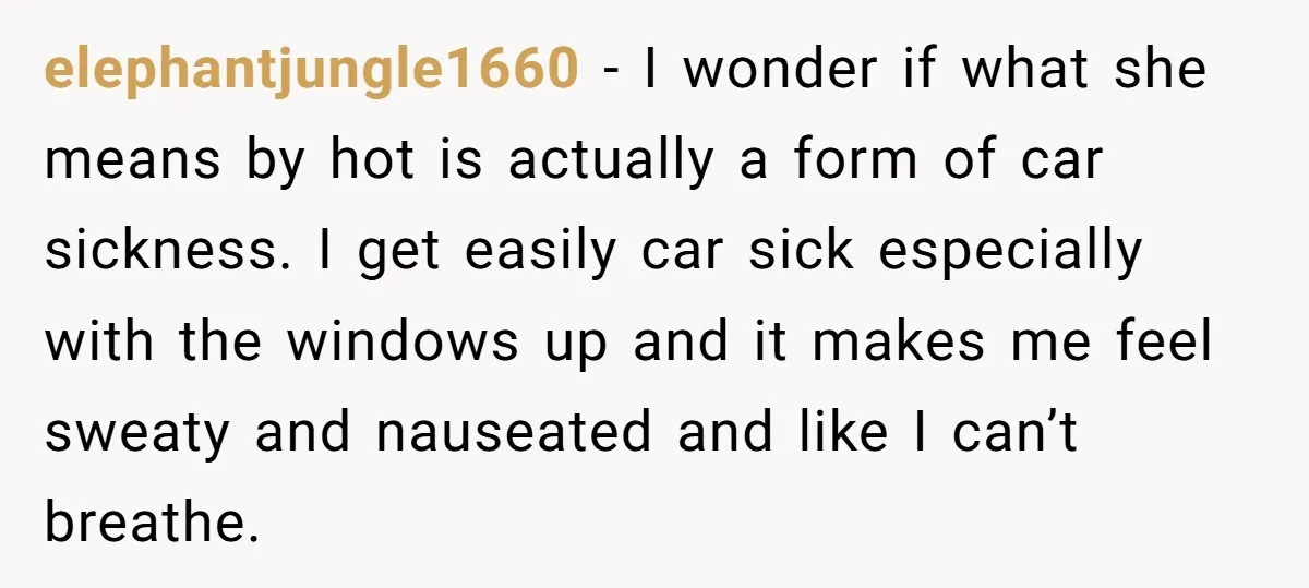 elephantjungle1660 − I wonder if what she means by hot is actually a form of car sickness. I get easily car sick especially with the windows up and it makes...