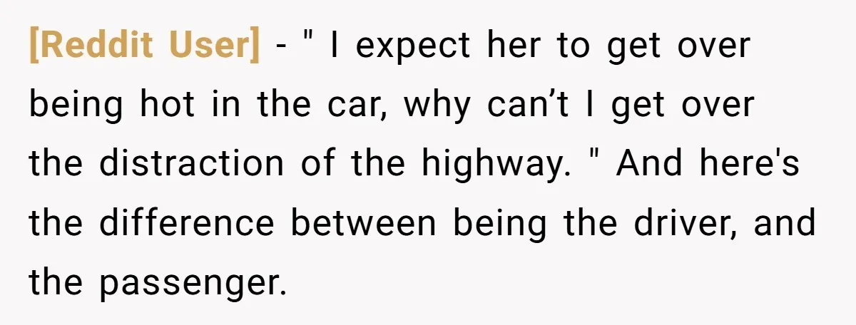 [Reddit User] − " I expect her to get over being hot in the car, why can’t I get over the distraction of the highway. " And here's the difference...