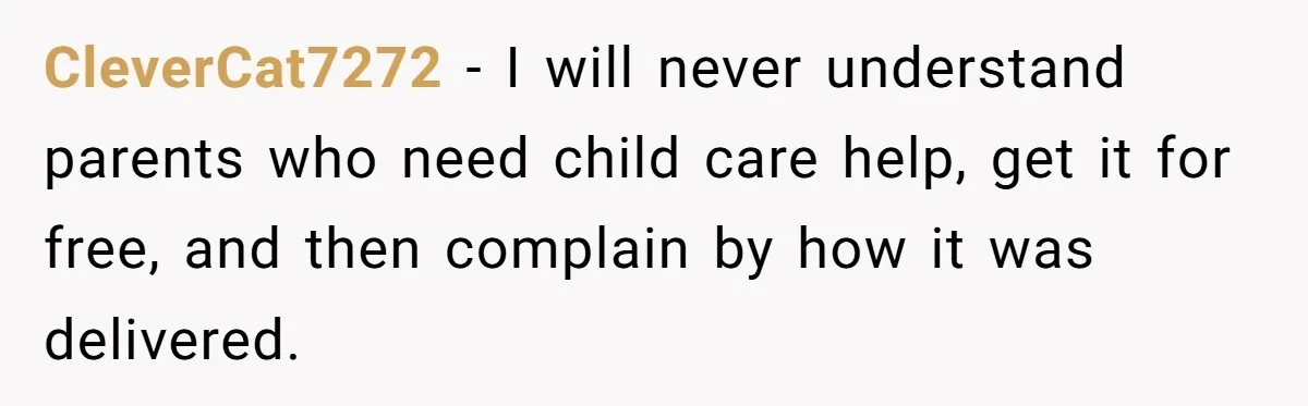 CleverCat7272 − I will never understand parents who need child care help, get it for free, and then complain by how it was delivered.