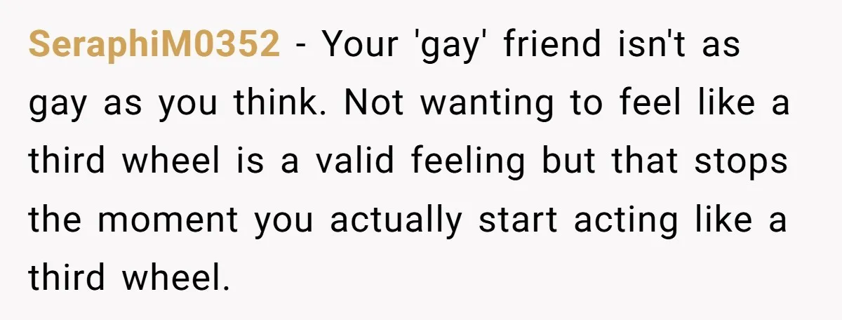SeraphiM0352 − Your 'gay' friend isn't as gay as you think. Not wanting to feel like a third wheel is a valid feeling but that stops the moment you actually...