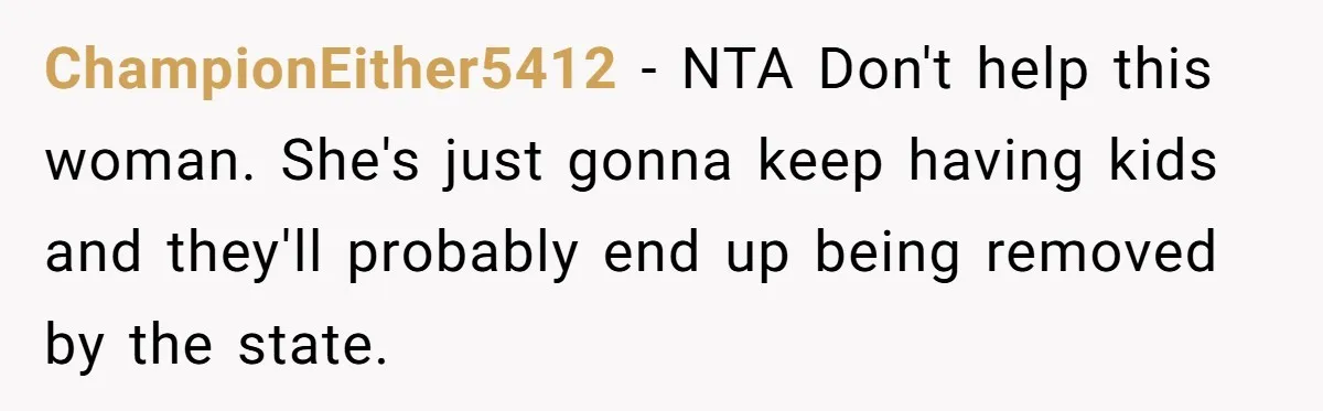 ChampionEither5412 − NTA Don't help this woman. She's just gonna keep having kids and they'll probably end up being removed by the state.
