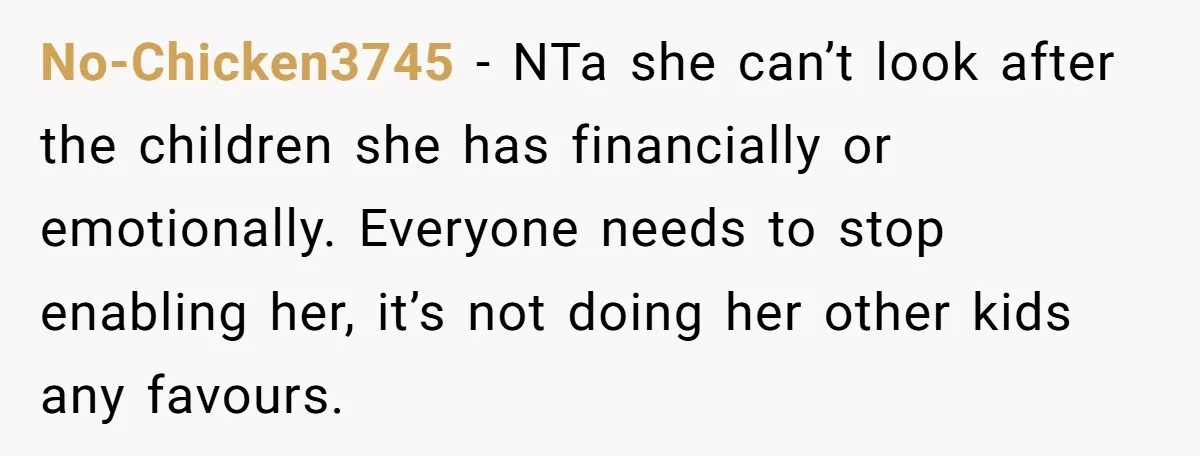 No-Chicken3745 − NTa she can’t look after the children she has financially or emotionally. Everyone needs to stop enabling her, it’s not doing her other kids any favours.
