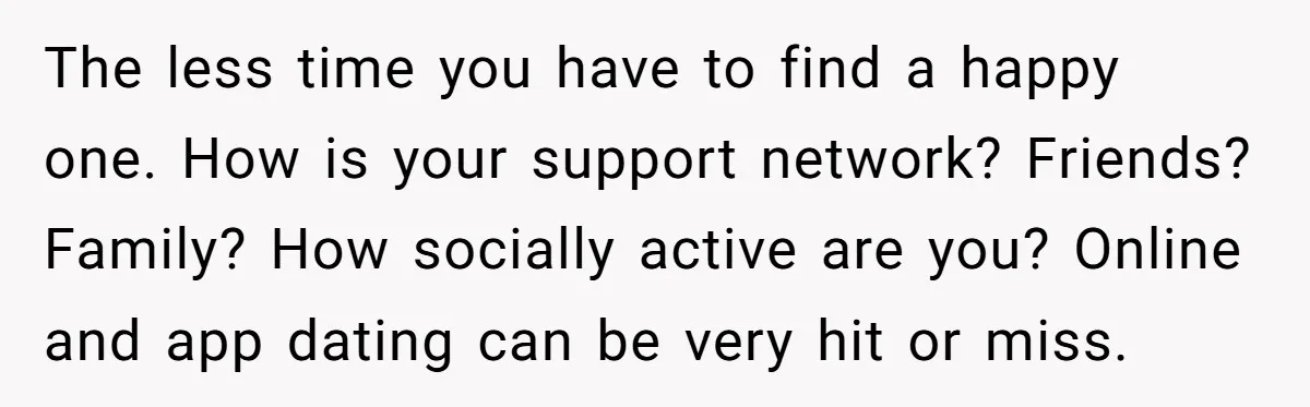 The less time you have to find a happy one. How is your support network? Friends? Family? How socially active are you? Online and app dating can be very hit...