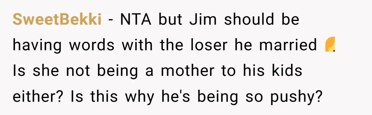 SweetBekki − NTA but Jim should be having words with the loser he married🤷‍♀️ Is she not being a mother to his kids either? Is this why he's being so...