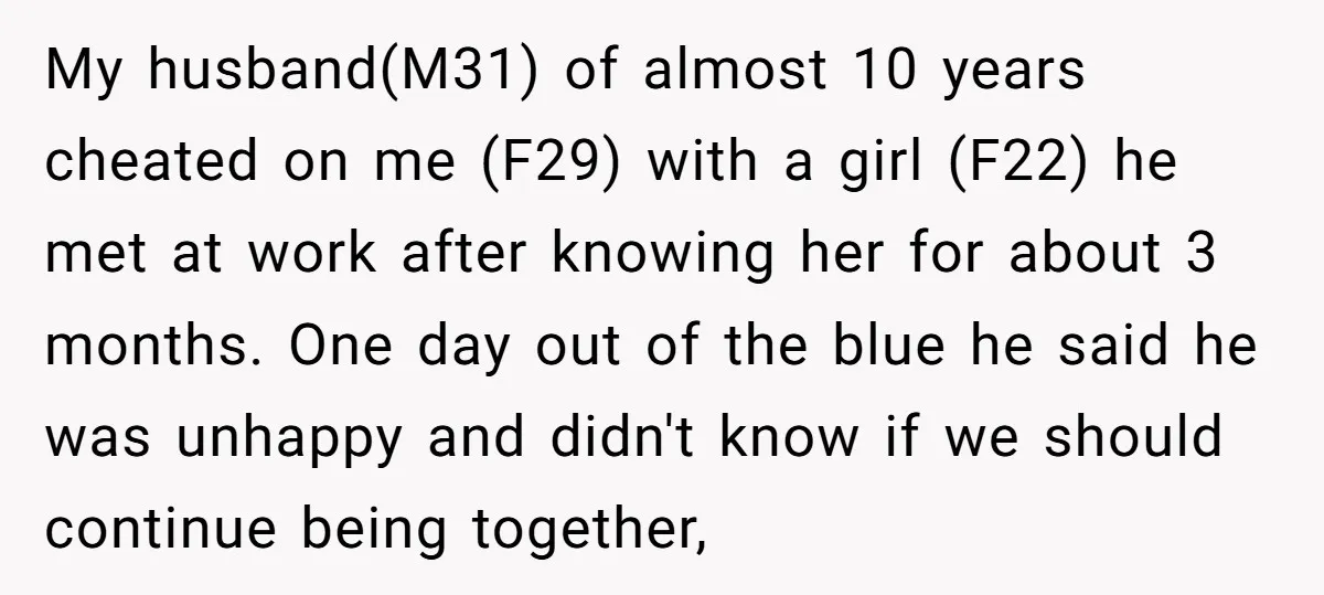 My husband(M31) of almost 10 years cheated on me (F29) with a girl (F22) he met at work after knowing her for about 3 months. One day out of the...