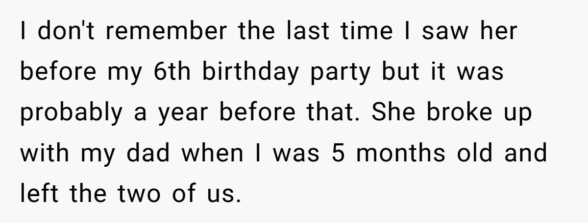 I don't remember the last time I saw her before my 6th birthday party but it was probably a year before that. She broke up with my dad when I...