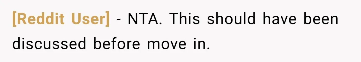 [Reddit User] − NTA. This should have been discussed before move in.
