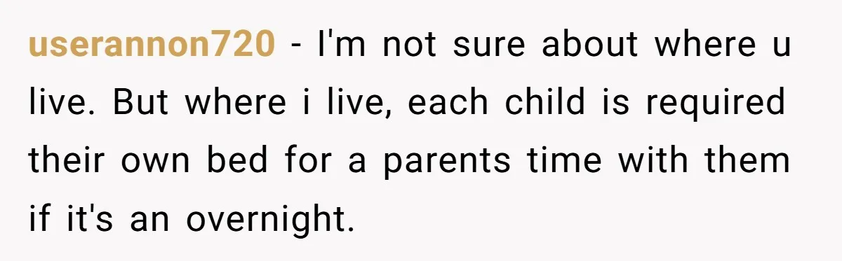 userannon720 − I'm not sure about where u live. But where i live, each child is required their own bed for a parents time with them if it's an overnight.