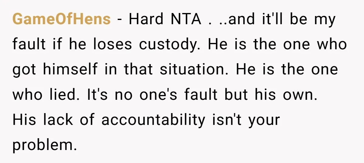 GameOfHens − Hard NTA . ..and it'll be my fault if he loses custody. He is the one who got himself in that situation. He is the one who lied....