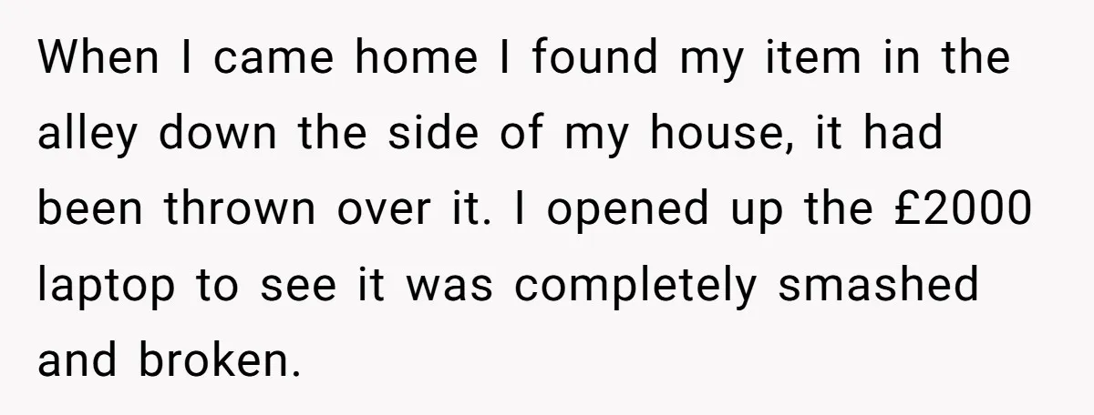 When I came home I found my item in the alley down the side of my house, it had been thrown over it. I opened up the £2000 laptop to...