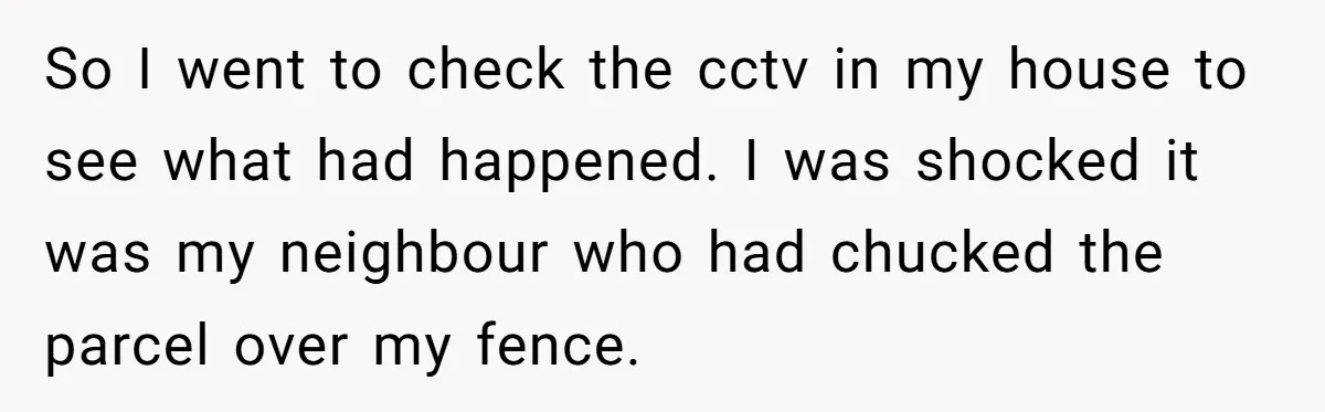 So I went to check the cctv in my house to see what had happened. I was shocked it was my neighbour who had chucked the parcel over my fence.