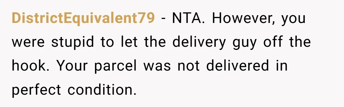 DistrictEquivalent79 − NTA. However, you were stupid to let the delivery guy off the hook. Your parcel was not delivered in perfect condition.