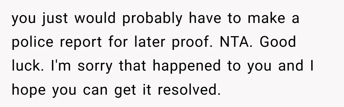 you just would probably have to make a police report for later proof. NTA. Good luck. I'm sorry that happened to you and I hope you can get it resolved.