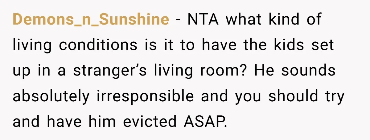 Demons_n_Sunshine − NTA what kind of living conditions is it to have the kids set up in a stranger’s living room? He sounds absolutely irresponsible and you should try and...