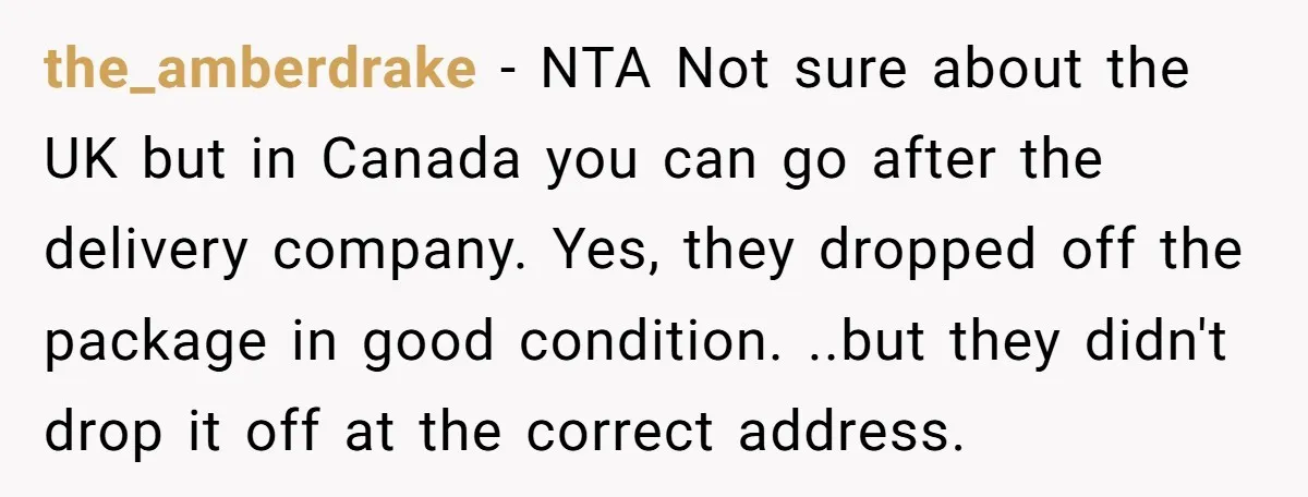 the_amberdrake − NTA Not sure about the UK but in Canada you can go after the delivery company. Yes, they dropped off the package in good condition. ..but they didn't...