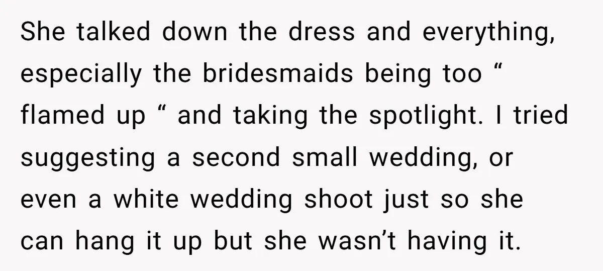 She talked down the dress and everything, especially the bridesmaids being too “ flamed up “ and taking the spotlight. I tried suggesting a second small wedding, or even a...