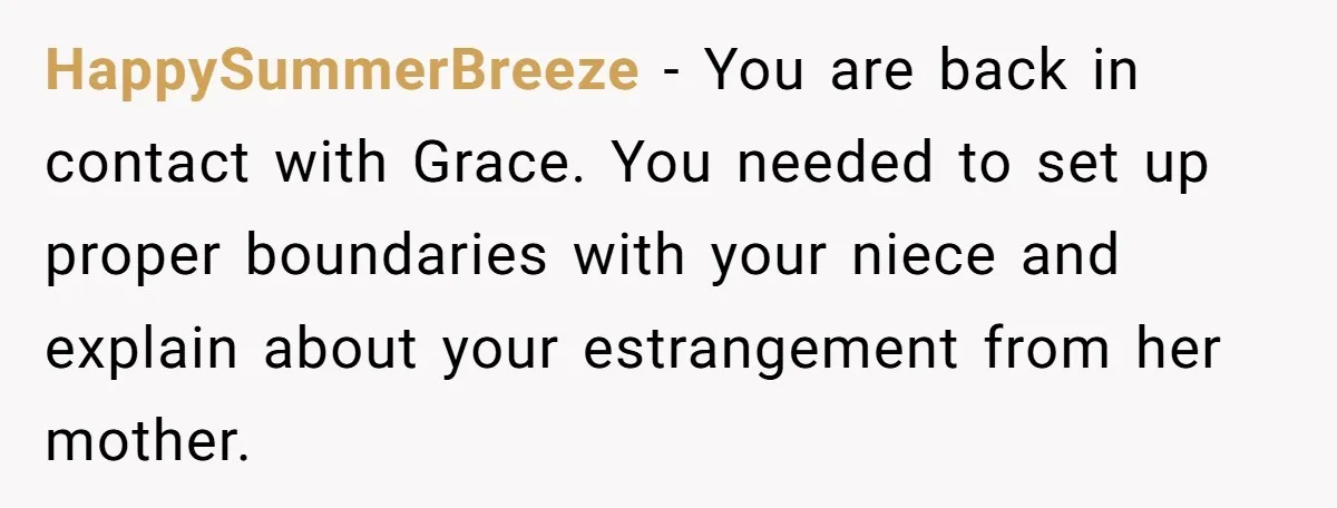 HappySummerBreeze − You are back in contact with Grace. You needed to set up proper boundaries with your niece and explain about your estrangement from her mother.