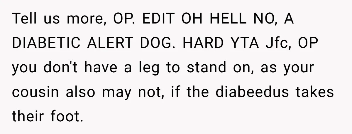 Tell us more, OP. EDIT OH HELL NO, A DIABETIC ALERT DOG. HARD YTA Jfc, OP you don't have a leg to stand on, as your cousin also may not,...