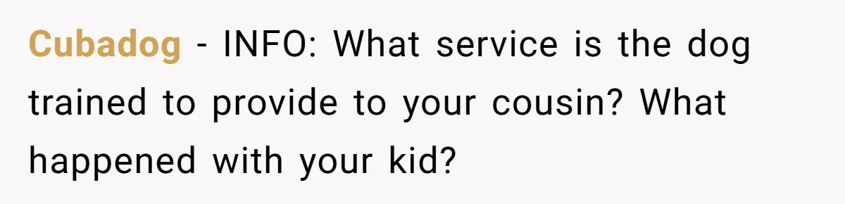 Cubadog − INFO: What service is the dog trained to provide to your cousin? What happened with your kid?