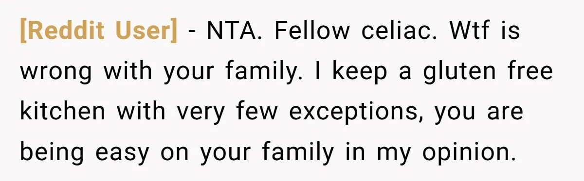 [Reddit User] − NTA. Fellow celiac. Wtf is wrong with your family. I keep a gluten free kitchen with very few exceptions, you are being easy on your family in...