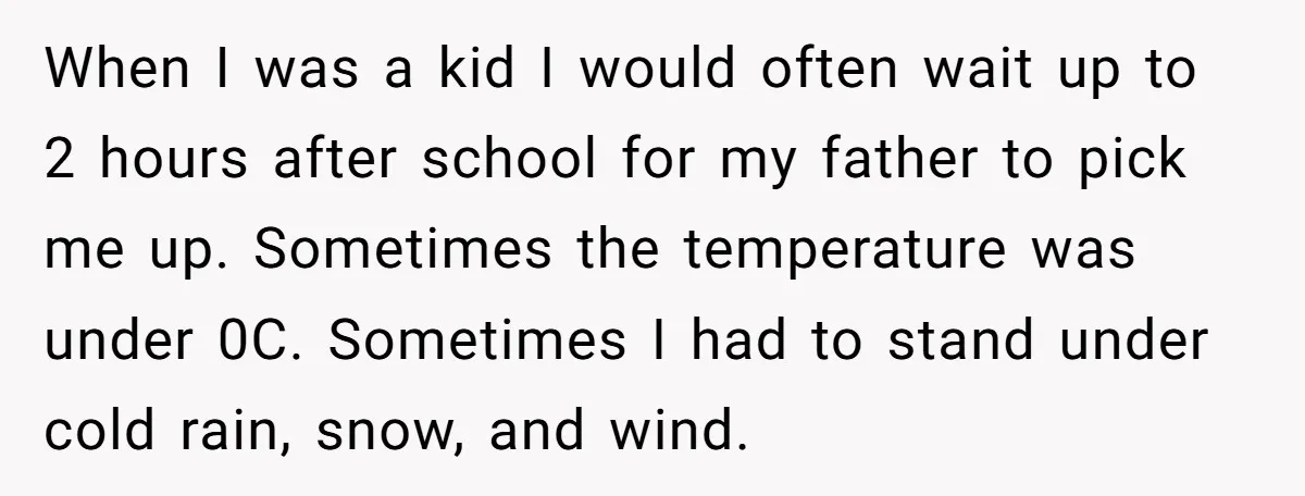 When I was a kid I would often wait up to 2 hours after school for my father to pick me up. Sometimes the temperature was under 0C. Sometimes I...