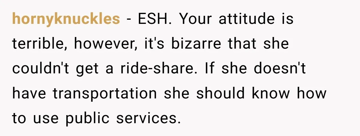 hornyknuckles − ESH. Your attitude is terrible, however, it's bizarre that she couldn't get a ride-share. If she doesn't have transportation she should know how to use public services.