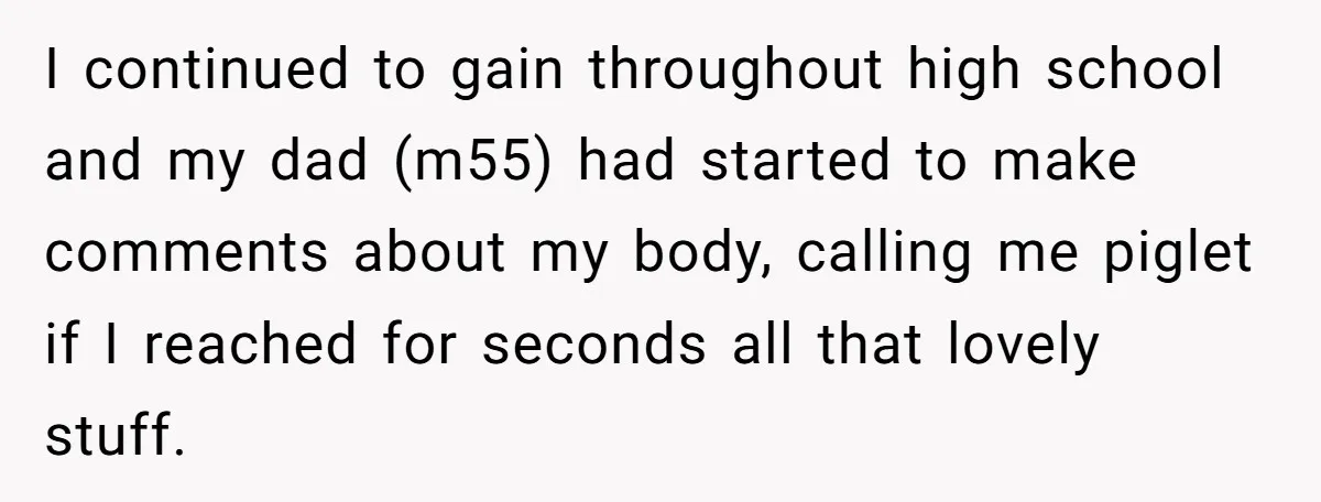 I continued to gain throughout high school and my dad (m55) had started to make comments about my body, calling me piglet if I reached for seconds all that lovely...
