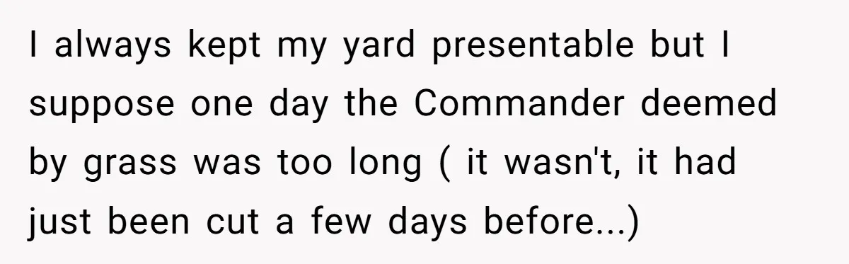 I always kept my yard presentable but I suppose one day the Commander deemed by grass was too long ( it wasn't, it had just been cut a few days...