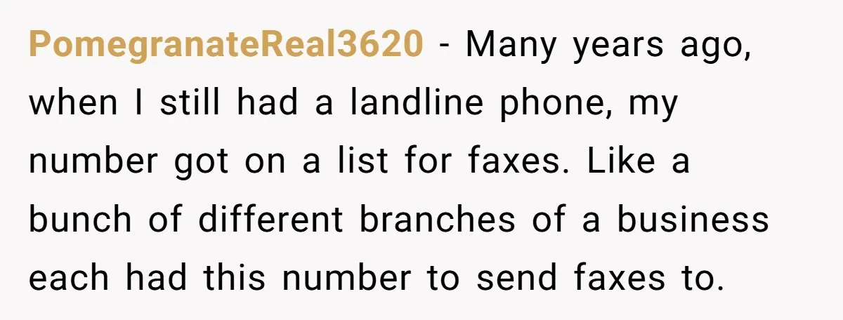 PomegranateReal3620 − Many years ago, when I still had a landline phone, my number got on a list for faxes. Like a bunch of different branches of a business each...