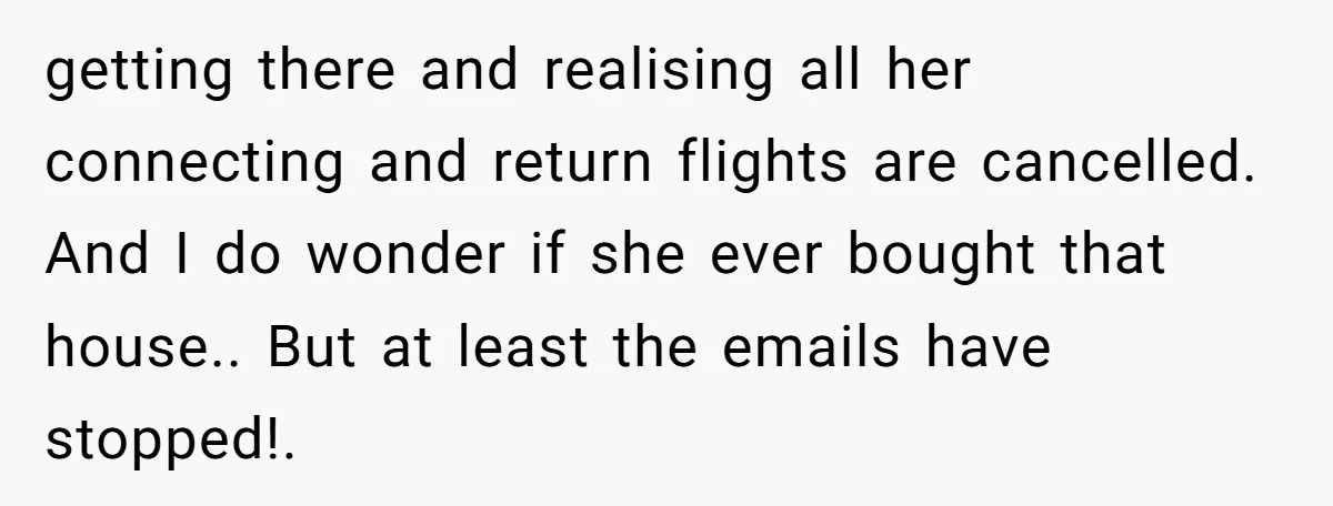 getting there and realising all her connecting and return flights are cancelled. And I do wonder if she ever bought that house.. But at least the emails have stopped!.