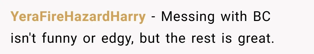 YeraFireHazardHarry − Messing with BC isn't funny or edgy, but the rest is great.